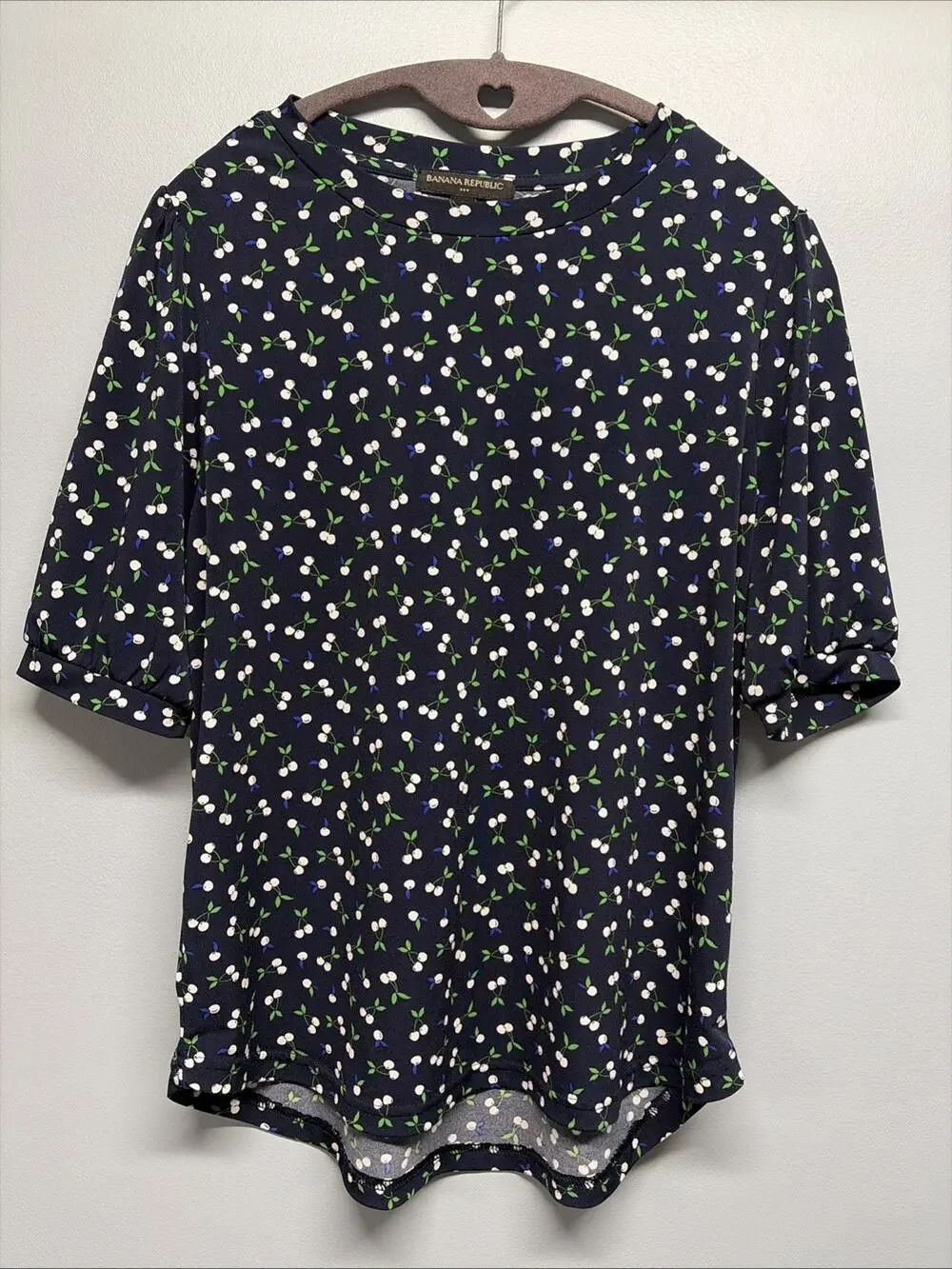 Banana Republic Navy Blue w/White Cherry Print - Short Puff Sleeves - Size Small
